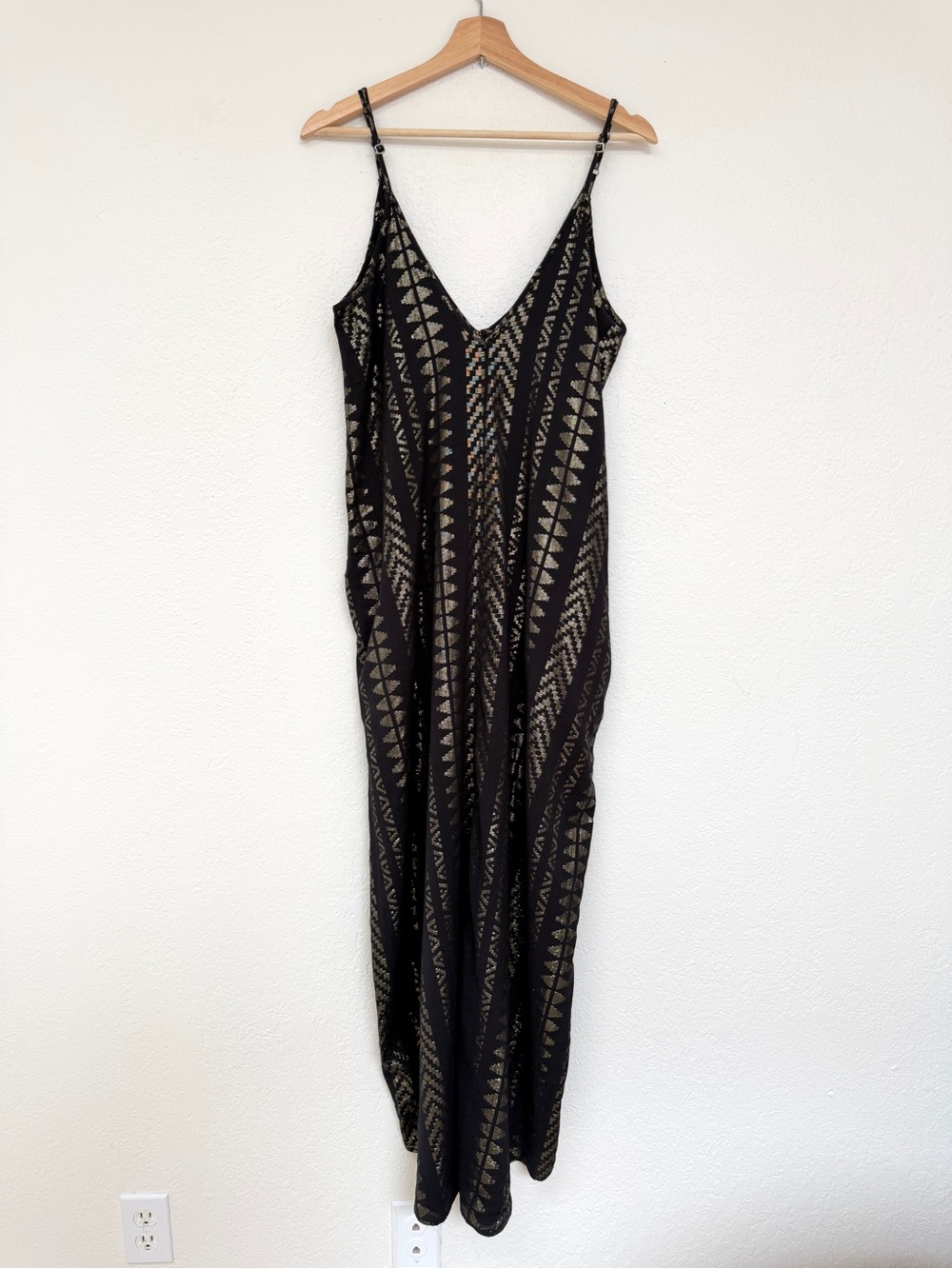 ELAN black metallic gold boho print strappy maxi resort sun dress / size M - Picture 2 of 11